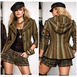 L.A.M.B. Gwen Stefani Y2K Vintage Striped Wool Hooded Blazer in Green and Brown